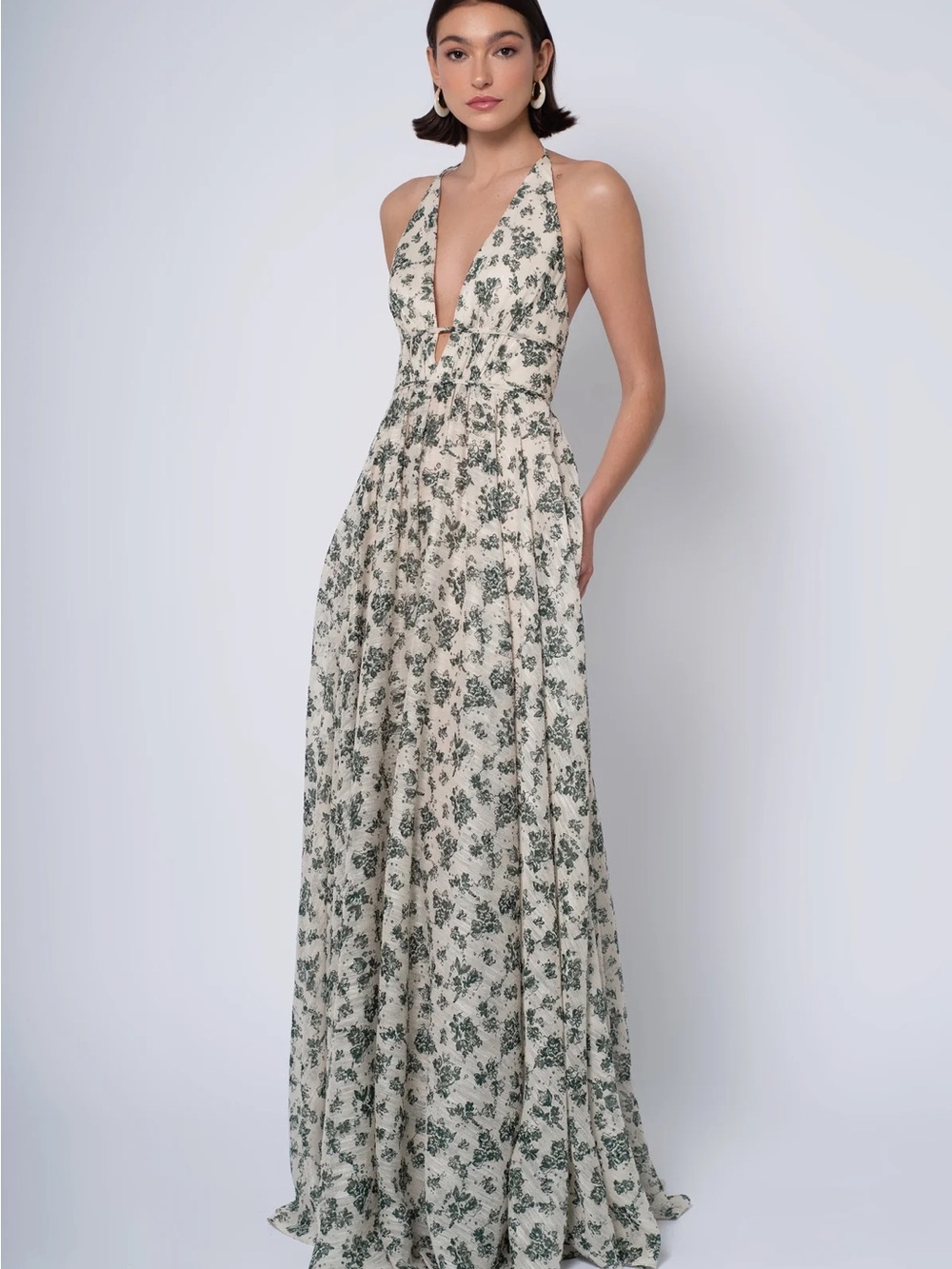 Jenny Yoo Cream Maxi Dress with Green Floral Print